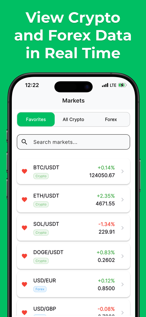 Écran d'iPhone affichant les prix du marché des cryptomonnaies et du forex en temps réel dans l'application Trade AI.