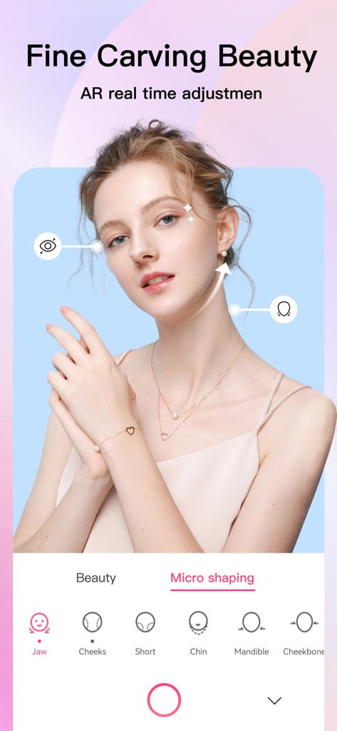 PrettyMe app interface showing facial micro-shaping adjustment options for jaw and cheeks