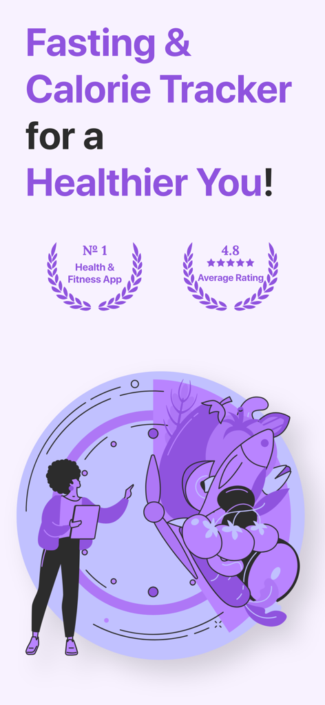Intermittent Fasting - Fastik - Pantalla promocional de la aplicación Fastik que muestra el seguimiento de ayuno y calorías con una calificación de 4.8 estrellas