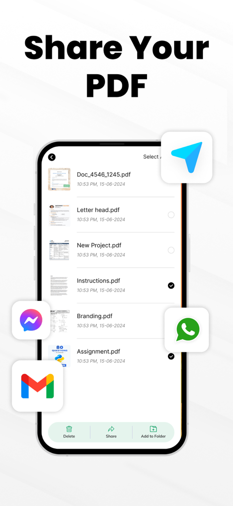 Telegram、WhatsApp、Messenger、Gmail経由で共有するオプションと共に、スキャンされたPDFドキュメントのリストを表示するモバイルアプリの画面。