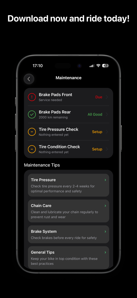 MoofMate - MoofMate app maintenance screen showing status for brake pads tire pressure and maintenance tips