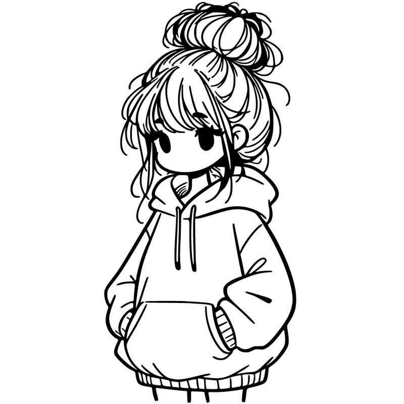 girl with baggy sweatshirt and messy bun