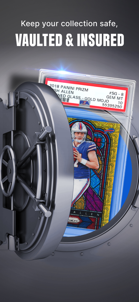 A graded sports card inside a secure bank vault with text saying vaulted and insured