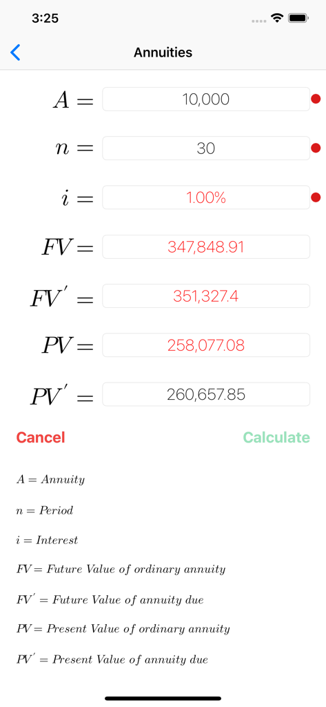 FinCalcPro Financial Solver - Interface of the FinCalcPro app showing annuity calculations for future and present values based on period and interest rate inputs.