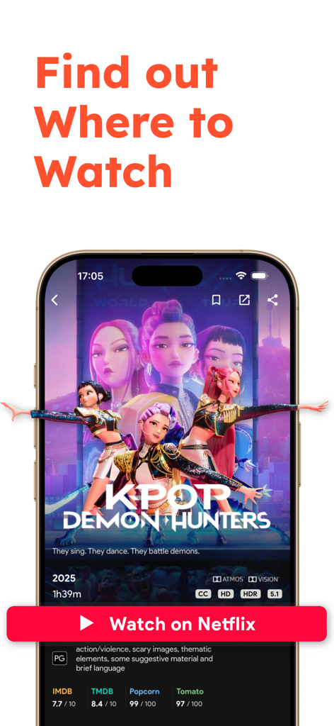 Upflix app interface showing movie details, ratings, and a direct link to watch on Netflix.