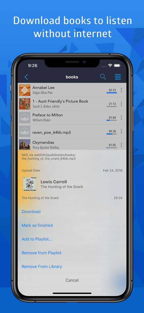 CloudBeats: audio book player - Interface of CloudBeats audio book player showing options to download books for offline listening.