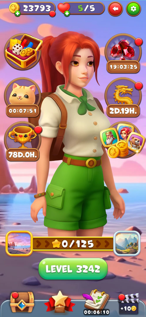 Kings and Queens: Solitaire - Personnage d'aventurière dans l'écran du jeu Kings and Queens Solitaire avec un fond de plage tropicale