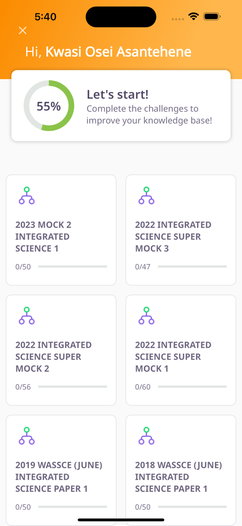 Syllabus GH - Pasco/Books/Quiz - Syllabus GH app dashboard showing integrated science mock exams and WASSCE past questions with a progress tracker