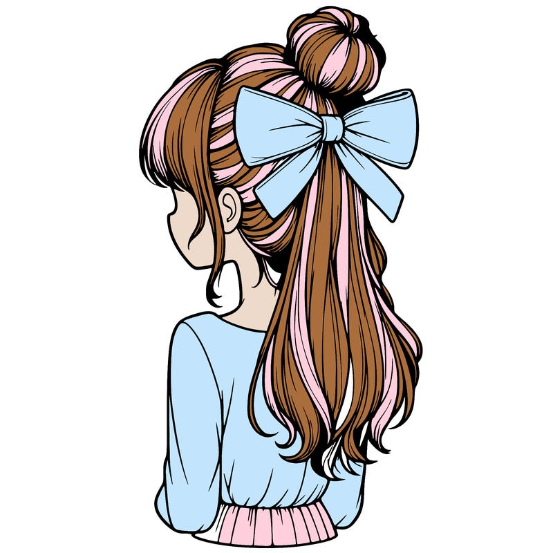 realistic girl  with hip length hair a bun and a big bow on the back of head