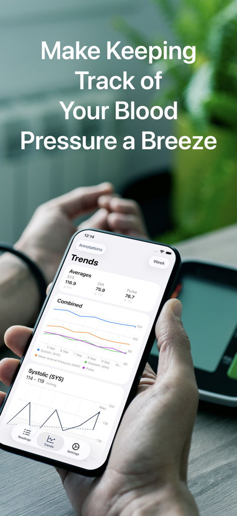 Blood Pressure Monitor Connect - Una persona sosteniendo un iPhone que muestra tendencias de presión arterial y gráficos de datos en la aplicación Monitor de Presión Arterial Connect.
