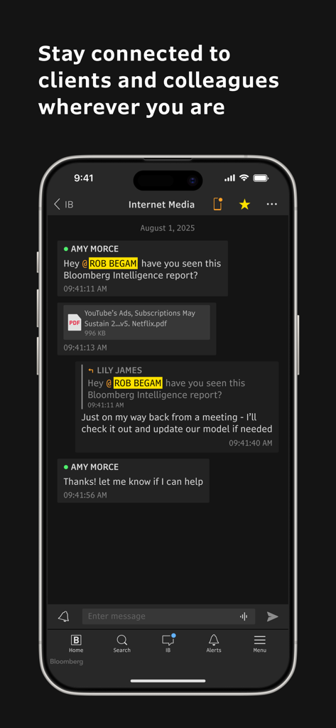 Interface de chat Instant Bloomberg sur un téléphone mobile montrant la messagerie professionnelle et le partage de fichiers.