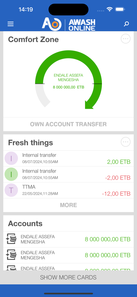 Awash-Online - Dashboard of the Awash-Online mobile app showing account balances in Ethiopian Birr and recent transaction history