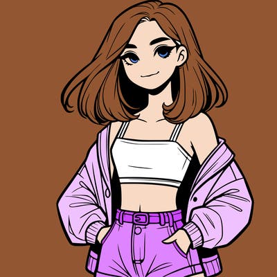 a realistic girl with a crop top and short shorts in an open jacket