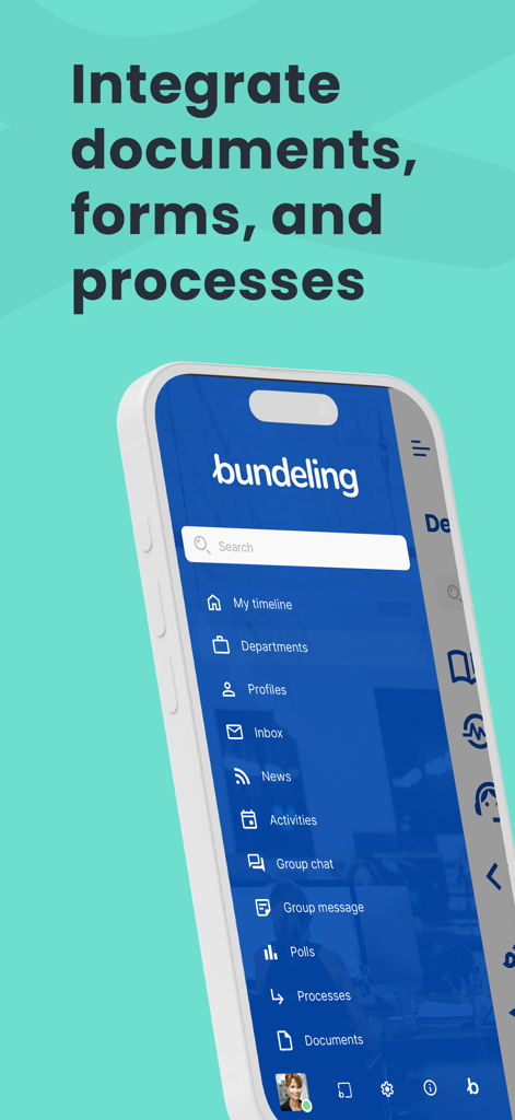 Bundeling - Interfaz de la aplicación móvil Bundeling que muestra una lista de herramientas de networking profesional y comunicación organizacional