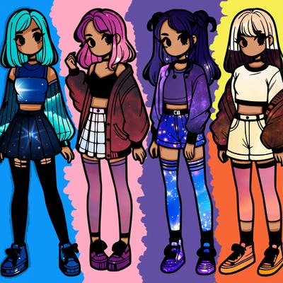 one girl with crop-top shirt and a jacket with a skirt, long socks and another girl with a shirt and pants with a jacket