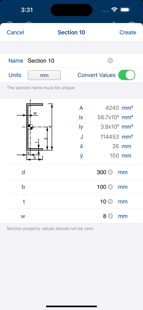 iBeams Pro - Structural engineering app interface showing custom beam section properties and geometric diagrams