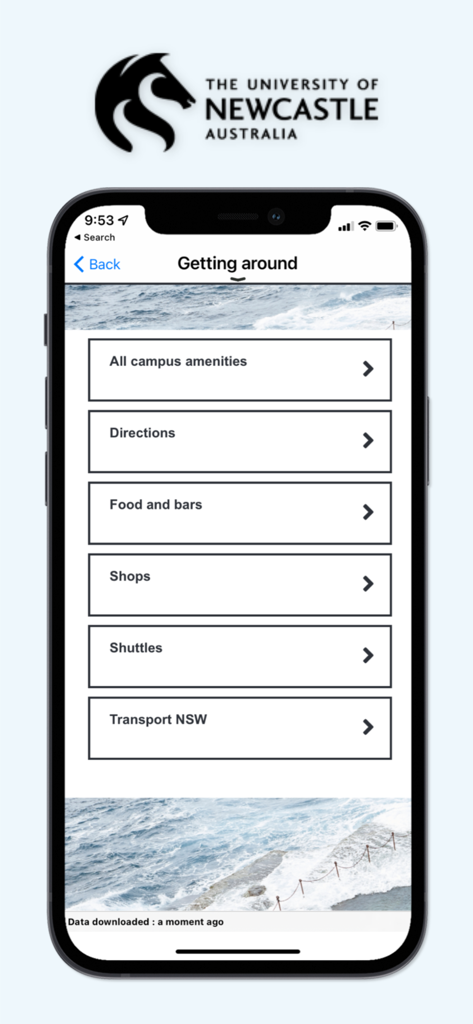 myUni University of Newcastle - The Getting around screen of the myUni University of Newcastle app featuring campus transport and amenities menu