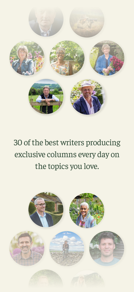 A collection of circular portraits showing expert writers and columnists on the Scribehound app.