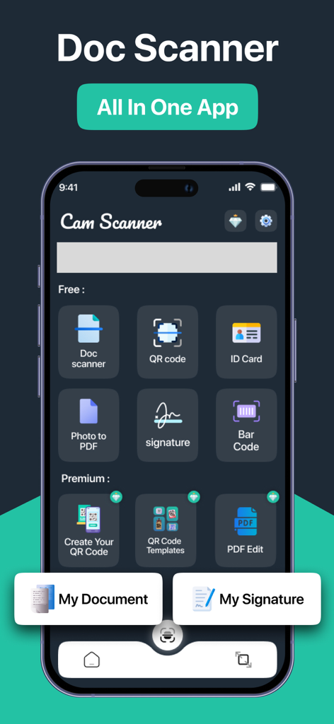 Document Scanner App. - Main dashboard of the Document Scanner app featuring tools for scanning documents, QR codes, ID cards, and digital signatures.