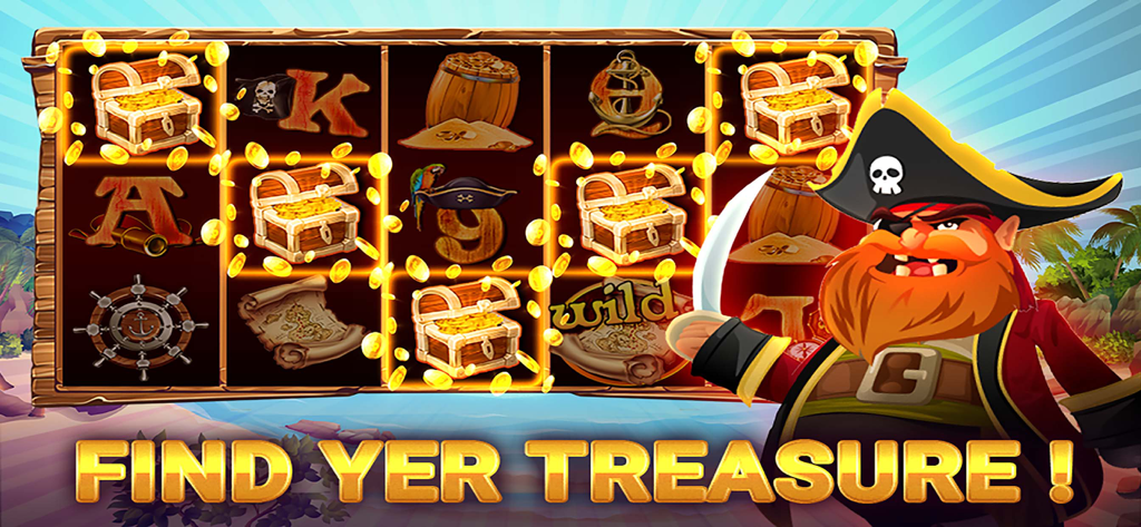 Casino World: Video Slots - Juego de máquina tragamonedas de temática pirata con cofres del tesoro, monedas de oro y un personaje pirata con barba roja