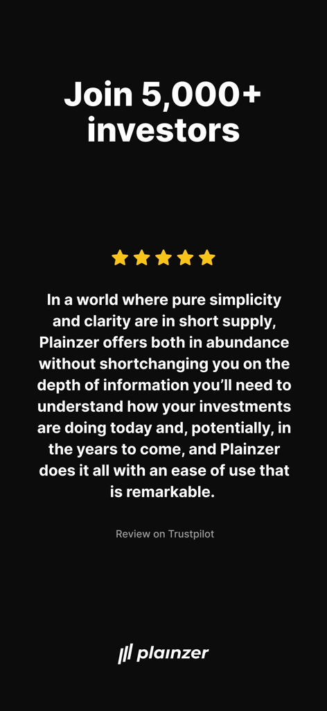 Dividend Tracker - Plainzer - A five star Trustpilot review for Plainzer dividend tracker app praising its clarity and simplicity for investors.