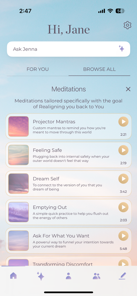 Pantalla que muestra una lista de meditaciones personalizadas en la app de Diseño Humano Align.