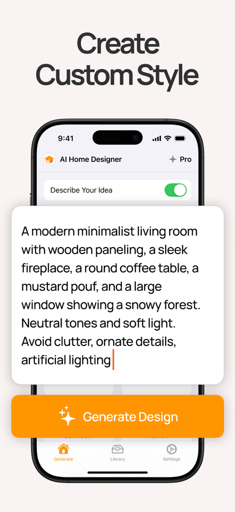 Interface de l'application Aalto montrant comment créer un style de design d'intérieur personnalisé à l'aide d'une invite textuelle IA