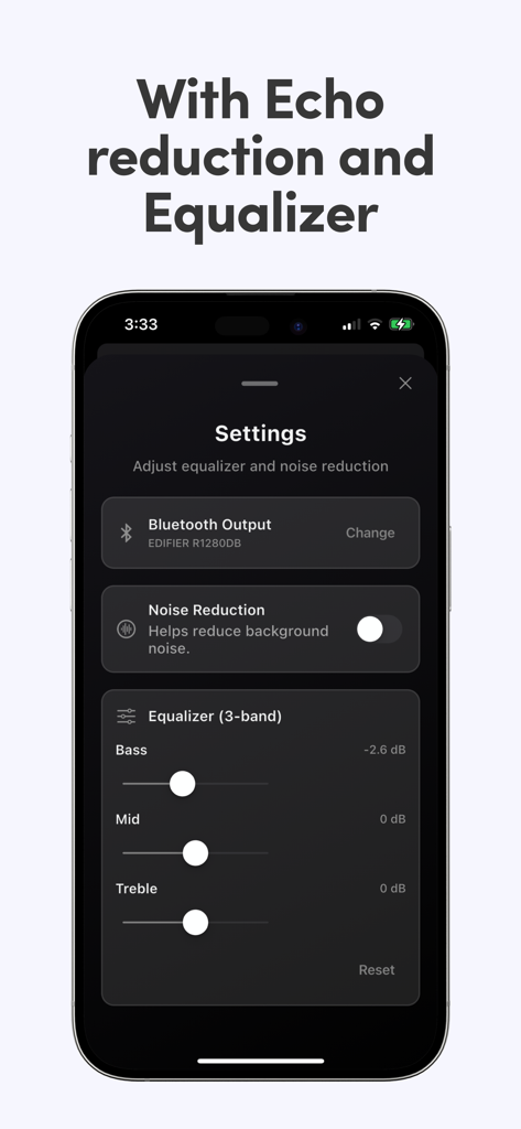 Bluetooth Microphone Live - Bluetooth Microphone Live app settings screen displaying noise reduction toggle and a 3-band equalizer for bass mid and treble