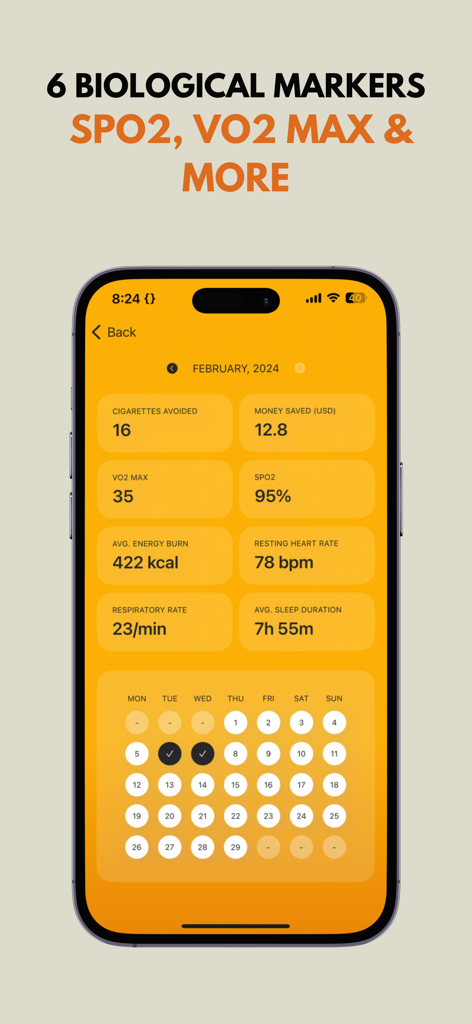 ExSmoke: Quit Smoking Tracker - ExSmoke app dashboard displaying biological health markers like SPO2 and VO2 Max alongside smoking cessation progress.