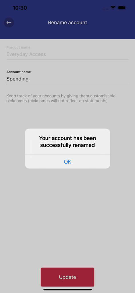 Defence Bank Mobile - Ein Bildschirm, der eine Bestätigungsnachricht für eine erfolgreiche Kontoumbenennung in der Defence Bank Mobile App anzeigt.