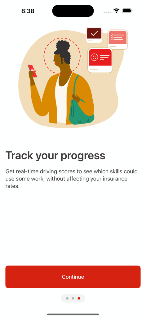 Steer Clear app onboarding screen showing driving progress tracking and real-time scores for young drivers