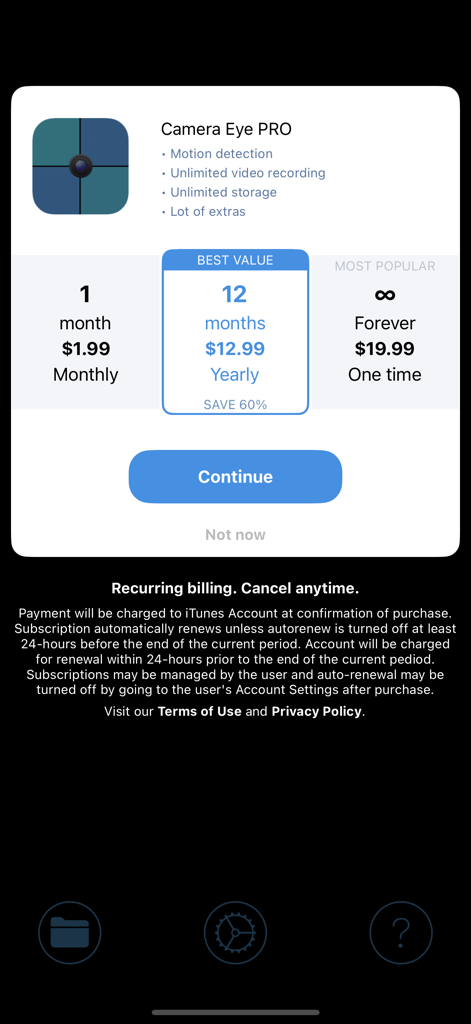 Camera Eye (Former Easy Calc) - Subscription plans for Camera Eye PRO including monthly yearly and one-time payment options