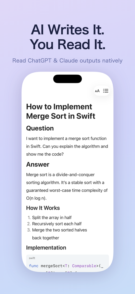Markdown Reader - View Only - Smartphone screen showing Markdown Reader app displaying AI generated Swift code