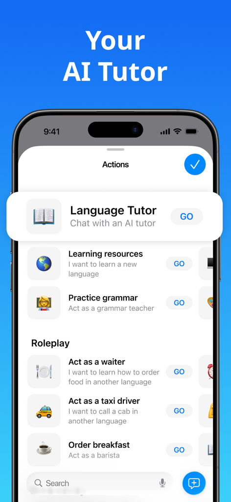 AI Tutor interface showing language learning resources and roleplay scenarios in Translate Now app