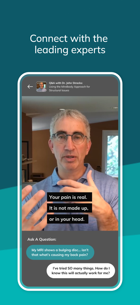 Curable: Chronic Pain Relief - Screenshot of the Curable app showing an expert Q&A video session about the mindbody approach to chronic pain relief