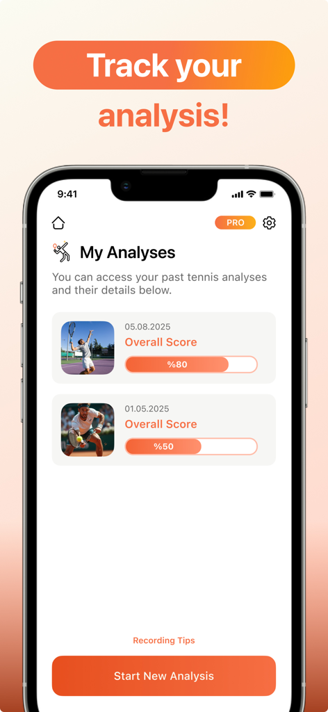 CoachIQ: AI Technic Analyzer - The My Analyses screen of the CoachIQ app showing tennis performance scores and analysis history.