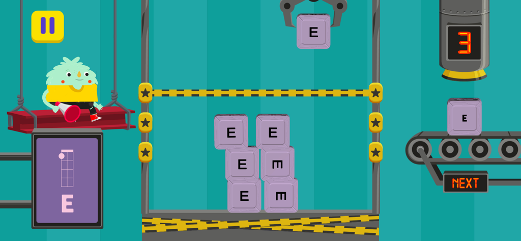 A gamified interface in the Loog Guitar app showing blocks with the letter E and a guitar neck diagram for kids to learn chords