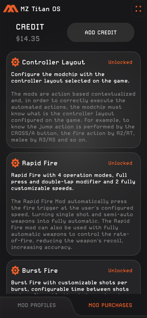 MZ Titan OS - MZ Titan OS app interface showing unlocked mod options for controller layout, rapid fire, and burst fire