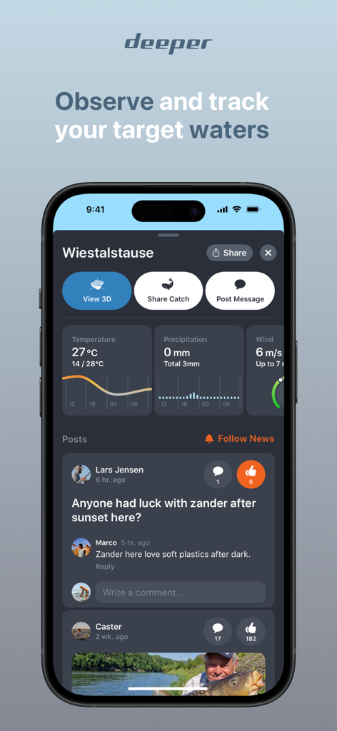 Fish Deeper - Fishing App - Fish Deeper app interface displaying weather forecasts and a community feed for a specific fishing location.