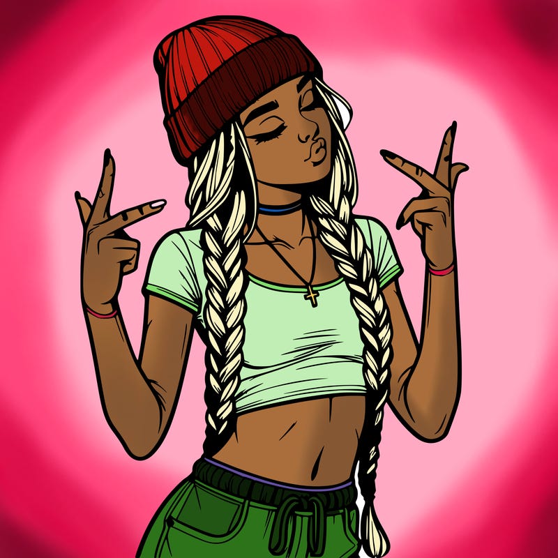 realistic teenage girl with braids and a beanie and crop top doing 🫶🏼