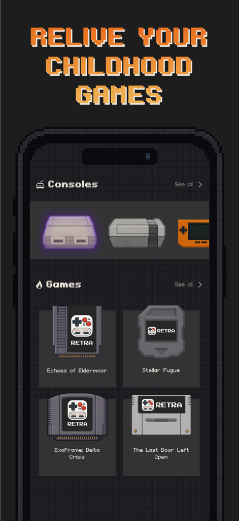 Retra - app console emulator - Interfaz de la aplicación Retra mostrando una selección de consolas retro y cartuchos de juegos