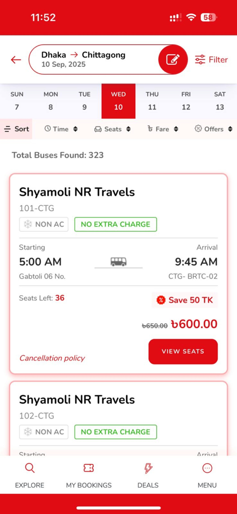 BDTICKETS - Mobile screen showing bus booking search results from Dhaka to Chittagong with travel times and prices