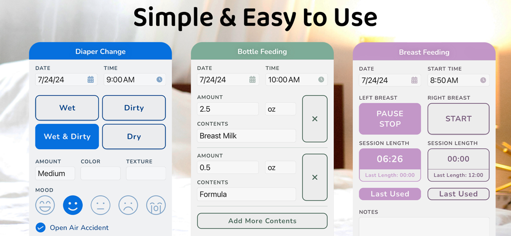 Screenshots of diaper change bottle feeding and breastfeeding logging interfaces in the ParentLove app