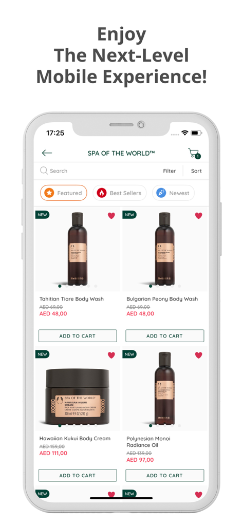 The Body Shop UAE - Die mobile App The Body Shop UAE zeigt die Produktliste der Kollektion Spa of the World mit Körperwäsche und Creme
