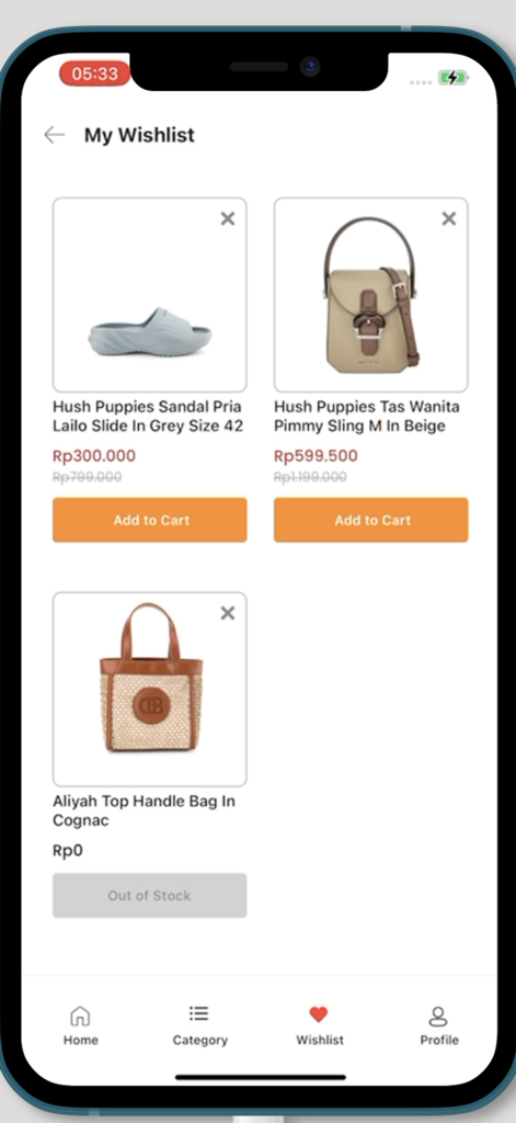 9to9 - A mobile interface showing the My Wishlist screen of the 9to9 app with saved items like Hush Puppies sandals and handbags.