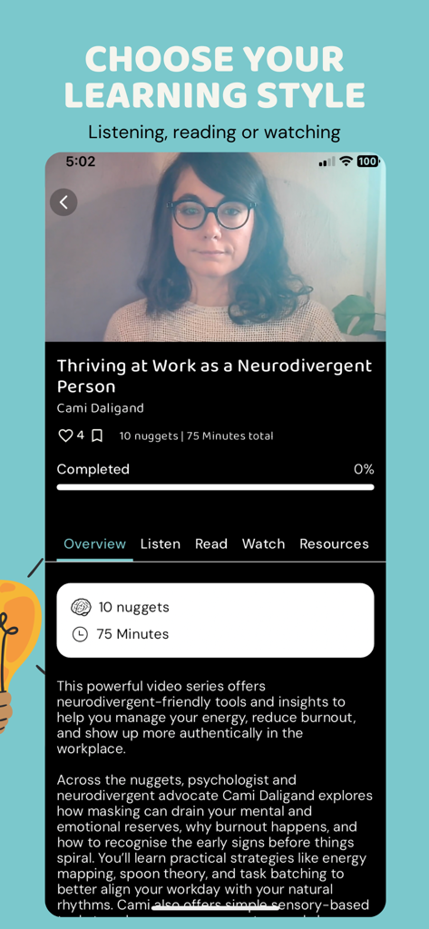 Kaboose - A screen from the Kaboose app titled Choose Your Learning Style showing a video course for neurodivergent individuals on how to thrive at work.
