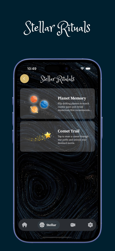 GameBox:Screw Cine Buzz - A mobile app screen titled Stellar Rituals featuring mini-games like Planet Memory and Comet Trail for movie discovery.
