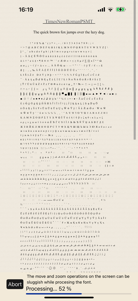 Font Visualizer Pro - Mapa completo de glifos para la fuente Times New Roman mostrado en la aplicación Font Visualizer Pro