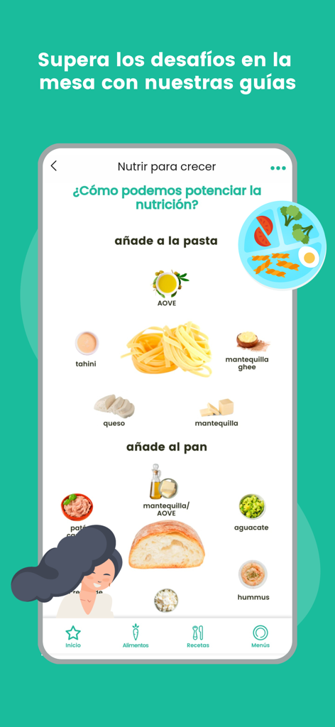 Écran de l'application Peque Ideas affichant des conseils nutritionnels et des ingrédients sains pour les repas des enfants.