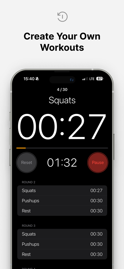 Timer Tabata for Workout, HIIT - Tabata-Timer-App-Oberfläche, die ein benutzerdefiniertes Intervall-Workout mit Countdown für Kniebeugen anzeigt